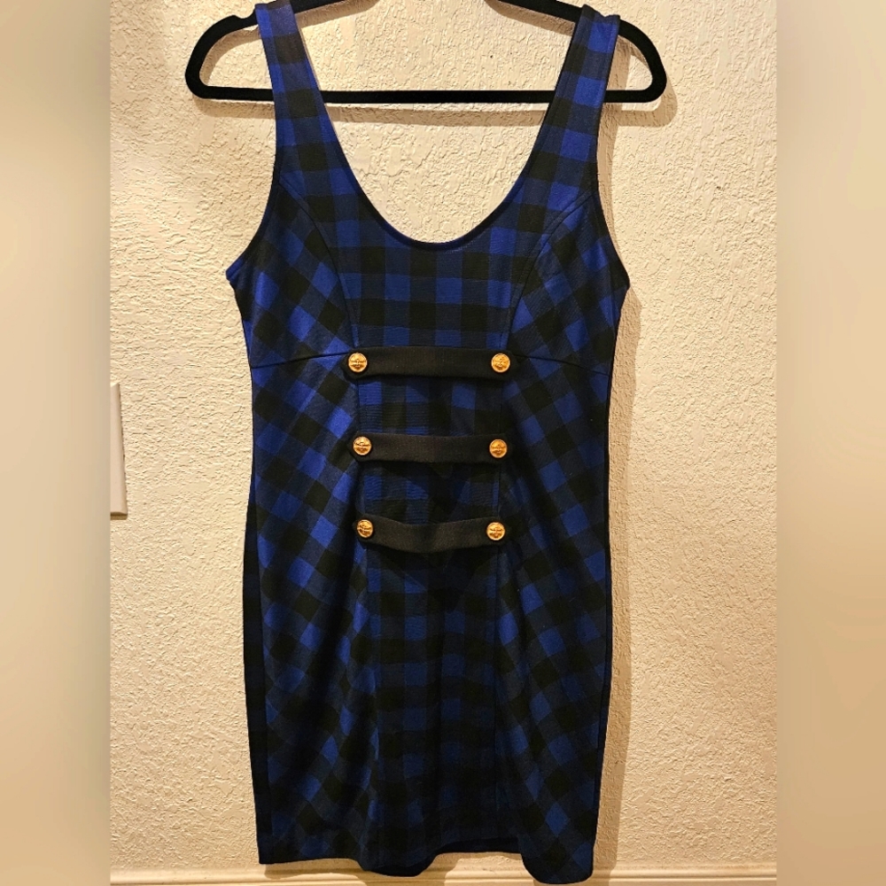 Blue and black plaid bodycon mini dress size L